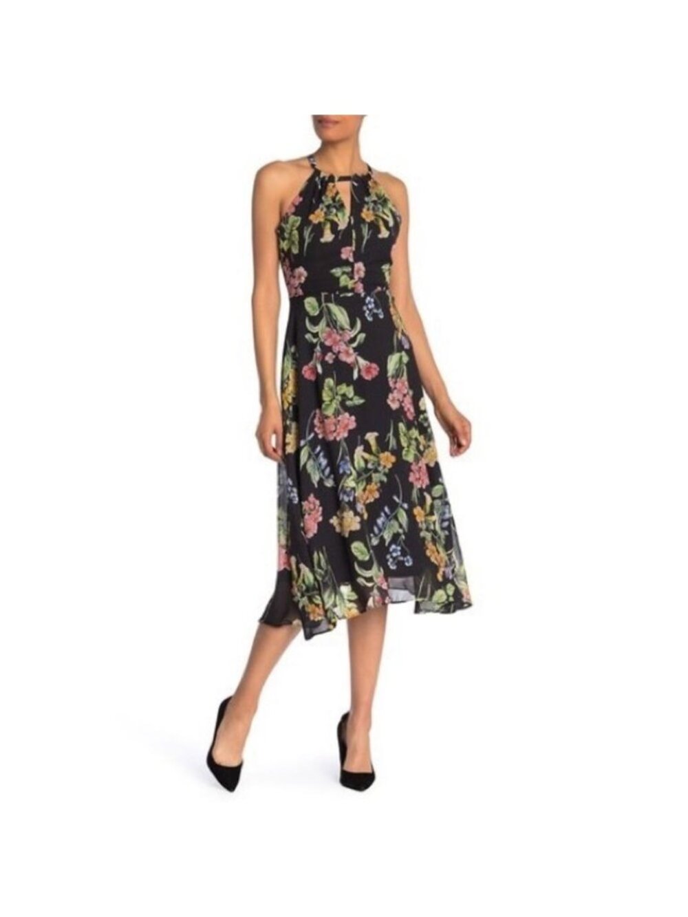Nicole Miller Studio Black Floral Halter Chiffon Dress Size 12